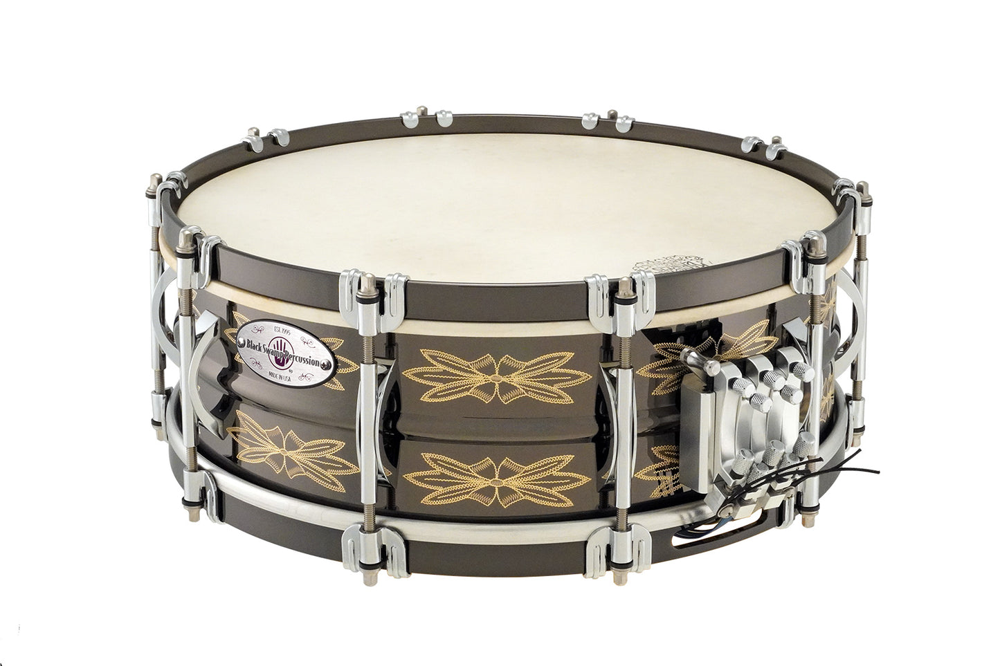 Tarola Black Swamp Percussion Multisonic 14x5 vaso de latón aros single flange grabado personalizado
